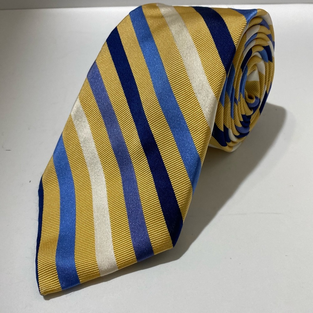 Chaps Yellow With Blue White & Black Stripes 100% Silk Handmade Repp NeckTie 58"